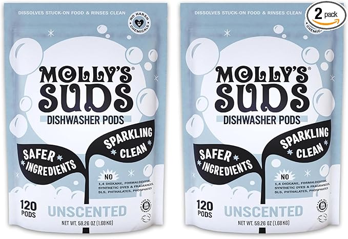 Molly's Suds Dishwasher Pods | Clean Dishwasher Detergent, Cuts Grease & Rinses Clean (Residue-Free) for Sparkling Dishes | 120 Auto-Release Tabs (Unscented) (Pack of 2)