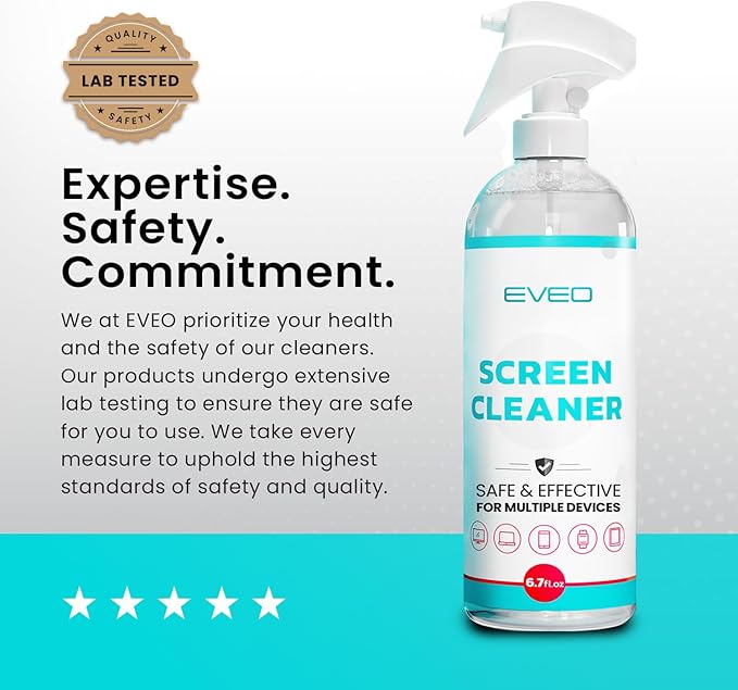 EVEO® Screen Cleaner Spray (Streak-Free) TV Screen Cleaner for Smart TV, LCD, LED, OLED | Computer Screen Cleaner Spray and Wipe Microfiber Cloth for TV, Monitor, Laptop, iPad, Tesla & More - 1 Pack