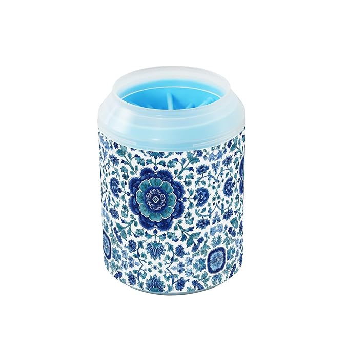 Dog Paw Cleaner Cups for Dogs Pets Foot Washer Paw Scrubber for Medium Small Cats Dogs Cute Cleaning Cup Floral Blue and White Vine
