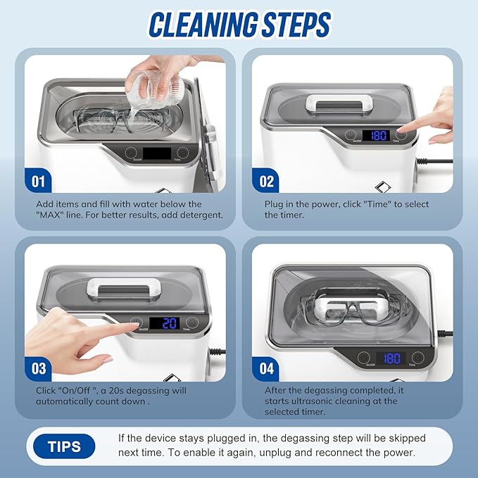 LifeBasis Ultrasonic Jewelry Cleaner, Professional 45kHz Ultrasonic Cleaner Machine 20 Ounces (600ML) with Digital Timer, Watch Holder Ultrasonic Glasses Cleaner for Ring, Coin, Watch, Denture -White