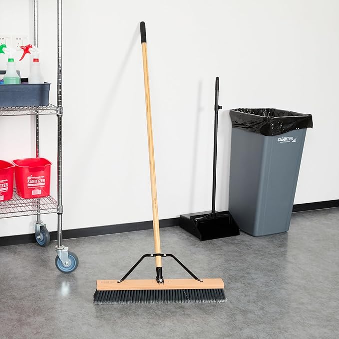 Restaurantware-Clean Tek Professional 24 Inch Push Broom, 1 Heavy-Duty Broom with 60” Handle - Medium Plastic Bristles, Durable, Wooden, Commercial Use, for Deck, Driveway, Garage, Yard, Patio