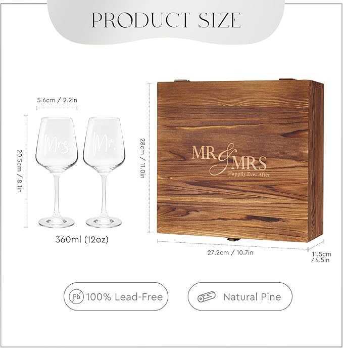 AW BRIDAL Mr and Mrs Wine Glasses Wedding Gifts for Couples 2026, Engagement Gift for Newly Engaged Couple, Bridal Shower and Bachelorette Gifts for Bride, Wine Opener Stopper and Wooden Keepsake Box