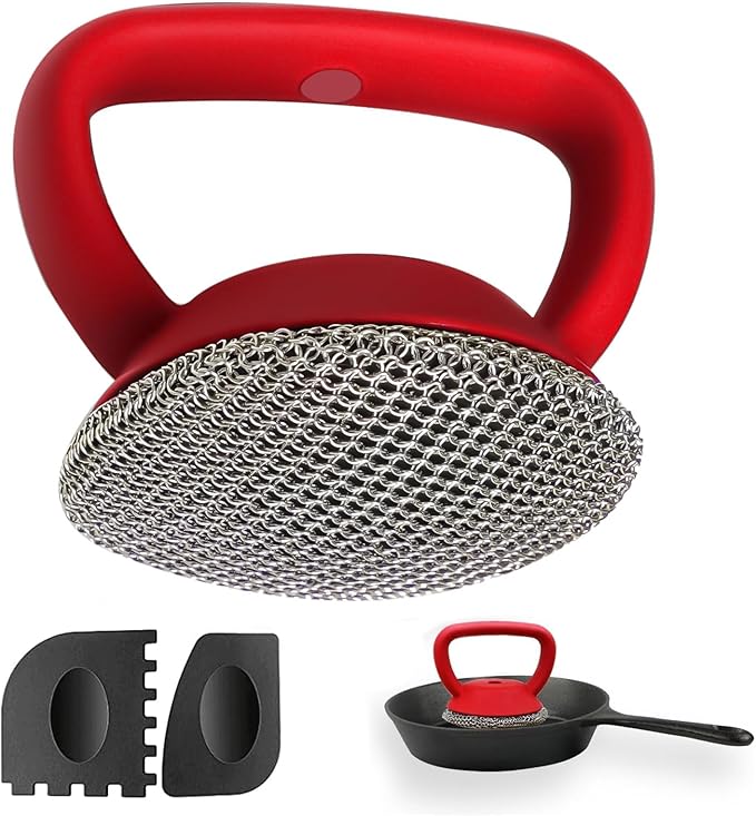 MEIXINZHI Cast Iron Cleaner, Chain Mail Scrubber & Pan Grill Scrapers - 2 in 1 Cast Iron Skillet Cleaner