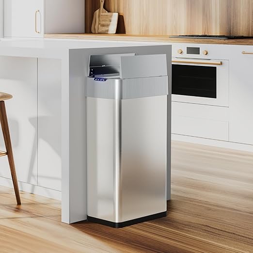 TLSUNNY 21.1 Gallon Automatic Trash Can, Stainless Steel Motion Sensor Garbage bin, Smart Trash Can W/Butterfly Lid, Bag Retainer Ring and Display Light for Living Room,Kitchen,Office (Silver, 80L)