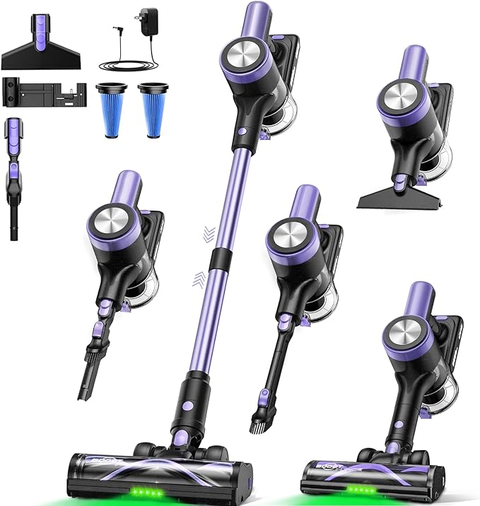 Cordless Vacuum Cleaner, 46KPa/500W Stick Vacuum with 55 Mins Runtime, Self-Standing Vacuum Cleaner for Home, LED Display, Anti-Tangle Brush, Rechargeable Vacuum for Hardwood Floor, Pet Hair (Purple)