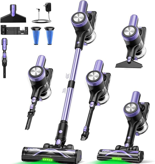 Cordless Vacuum Cleaner, 46KPa/500W Stick Vacuum with 55 Mins Runtime, Self-Standing Vacuum Cleaner for Home, LED Display, Anti-Tangle Brush, Rechargeable Vacuum for Hardwood Floor, Pet Hair (Purple)
