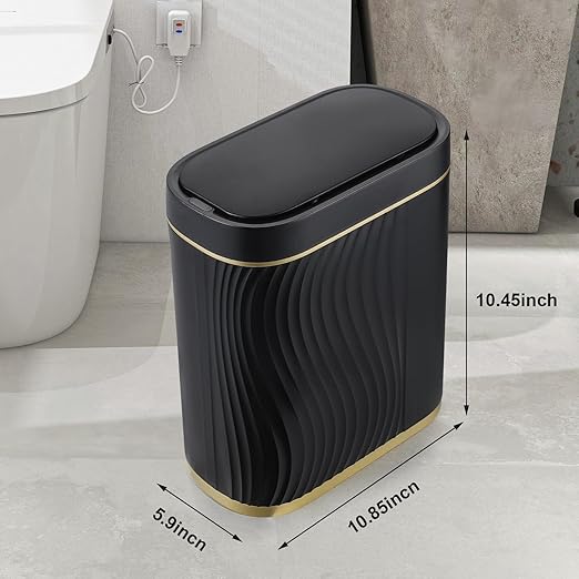 Bathroom Small Trash Can 2 Gallon Black Sensor Garbage Can with Lid, Plastic Automatic Trash Bin, Slim Motion Sensor Trash Can, Waterproof Smart Waste Bin for Living Room, Office, Bedroom
