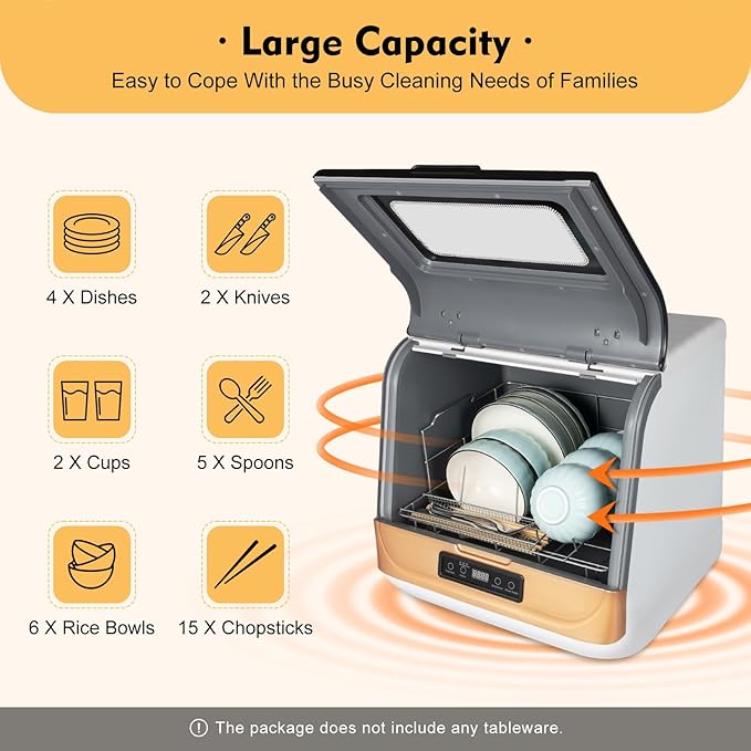 Desktop Installation-Free Dishwasher,Portable Mini Dishwasher Countertop, 3 Washing Programs Display Automatic Dishwashing, Compact Countertop Dish Washer 800W (Gold)