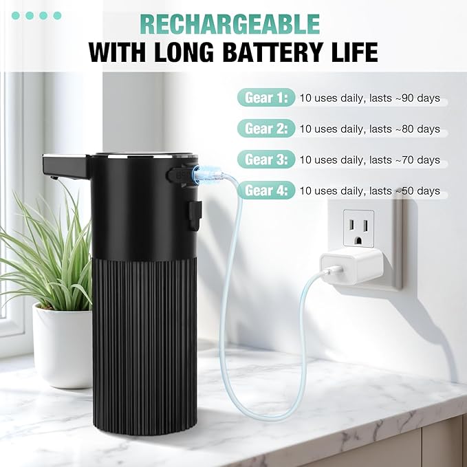 2 Pack Automatic Soap Dispenser: 14oz Plastic - Touchless 4 Level Adjustable Wall Mount Black Rechargeable Electric Auto Smart Liquid Soap Dispenser Set - Bathroom Kitchen Hand Dish Lotion