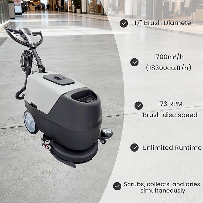 110V Commercial Floor Scrubber Machine - 17" (430mm) Brush, 13.2 Gallons Dual Tanks, 18300 cu.ft/h Cleaning Rate, Commercial Floor Polisher Cleaning Machine for Tile, Marble, Epoxy