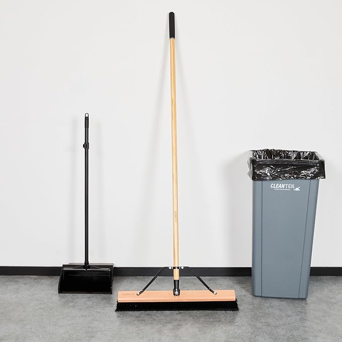 Restaurantware-Clean Tek Professional 24 Inch Push Broom, 1 Heavy-Duty Broom with 60â€ Handle - Fine Plastic Bristles, Durable, Wooden, Commercial Use, for Deck, Driveway, Garage, Yard, Patio