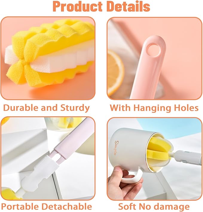INVODA Bottle Brush 4Pack Long Handle Cup Cleaner Brush Whit Straw Brushes 4Pack Sponge Bottle Scrubber Detachable Handle Cup Cleaning Brush for Baby Bottle Clean Mugs (4 PCS+Straw Brushes 4PCS)