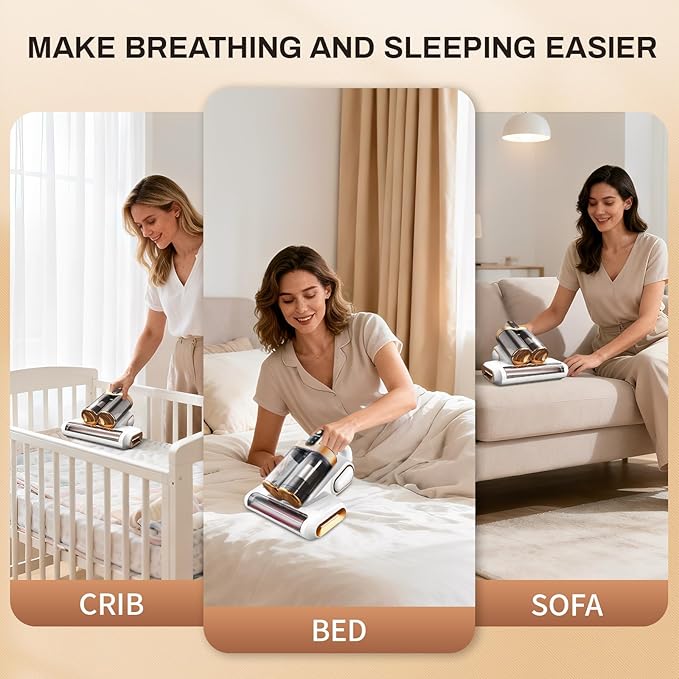 Cordless Mattress Vacuum Cleaner, 16kpa Bed Vacuum Cleaner with 253.7nm Uv-C Light & Ultrasonic Tech Dual Bins for Dust & Widen Suction Port 120w for Bed Sofa & Pet Hair