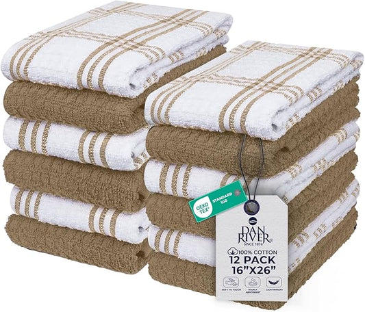 DAN RIVER Premium Kitchen Towels - [Pack of 12] 100% Cotton (16x 26 Inches) -Super Soft,Highly Absorbent, Quick Dry, Dish Towels for Kitchen Towels -Tan