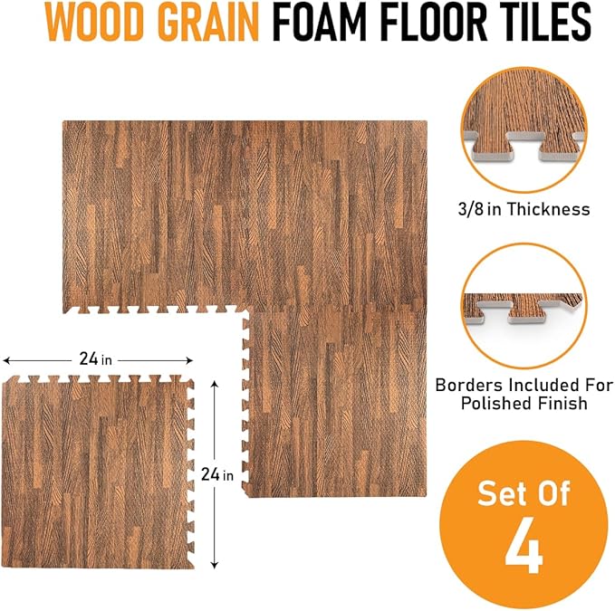 HomeCube USA 3/8 Inch Thick Interlocking Wood Grain Foam Floor Tiles for Home, Office, Workout Equipment Space, Commercial Areas, Anti-Fatigue Flooring Padding 24x24 in., Dark Oak, 32 SQ Ft - 8 Tiles