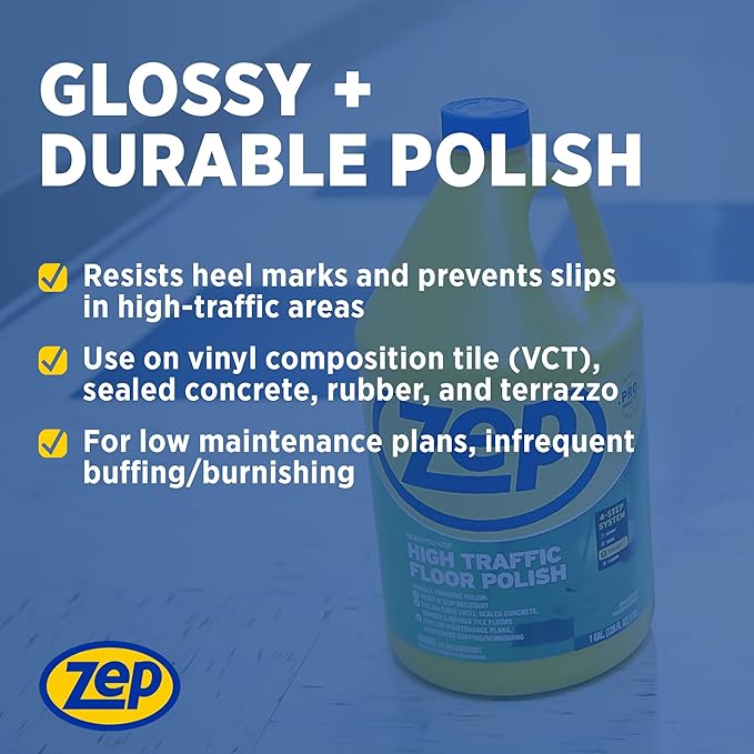 Zep Commercial High-Traffic Floor Polish, 4-1 Gallon Bottles, Professional Grade Floor Finish For a Range Of Hard Floor Surfaces (ZUHTFF128)