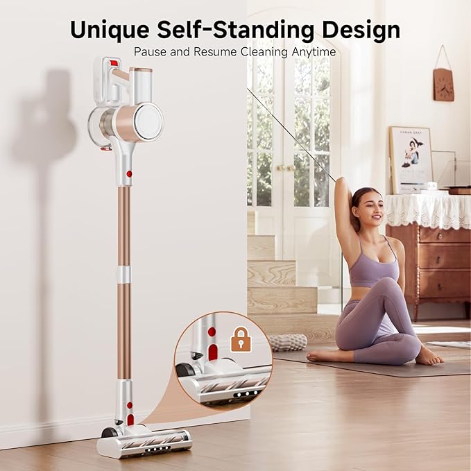 Cordless Vacuum Cleaner, 500W/40Kpa Vacuum Cleaners for Home, Stick Vacuum Cordless with LED Display, Anti-Tangle & Wall Mount, 8 in 1 Lightweight Vacuum for Hard Floors Pet Hair(Gold)