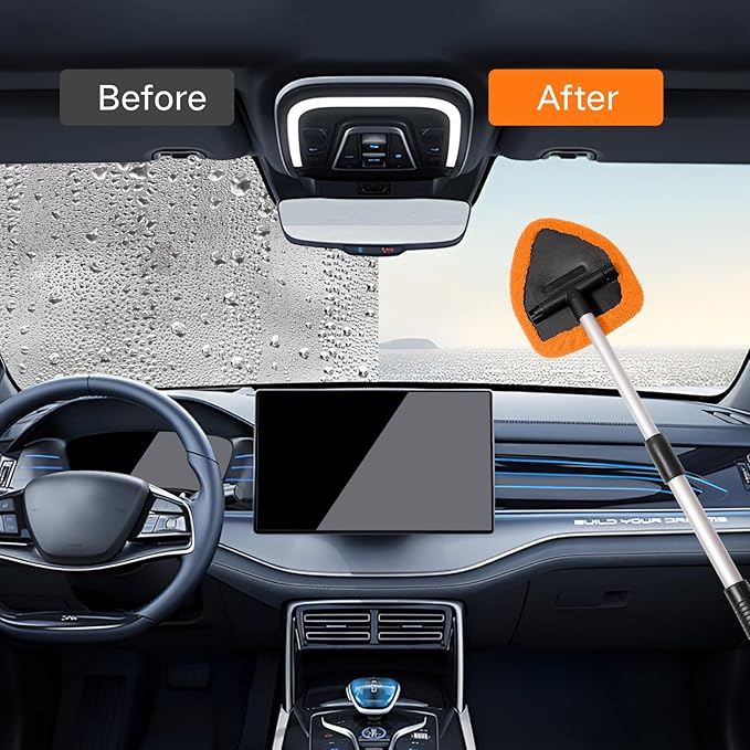 7pcs Windshield Cleaner Tool Car Window Cleaning Wash Kit with 4 Reusable Microfiber Pads 1 Spray Bottle and Extendable Handle Auto Glass Wiper Kit, Orange