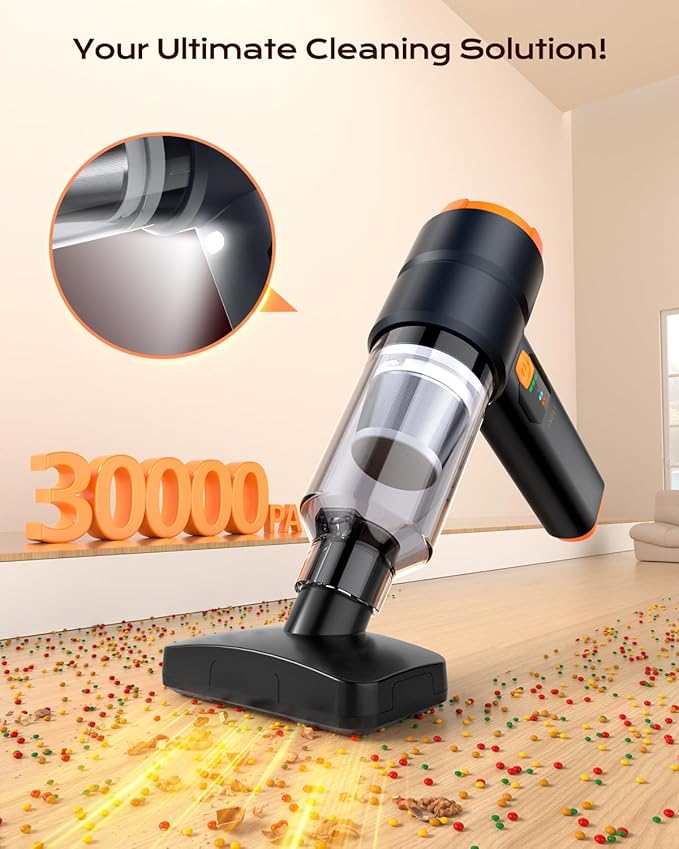 Car Vacuum Portable Cordless, 4-in-1 Handheld Vacuum Cordless with 30000PA Suction, 130000RPM, 6800mAh Battery, 10 Nozzles, Rubber Paint Material for Car, Home, Birthday Gifts (Black)