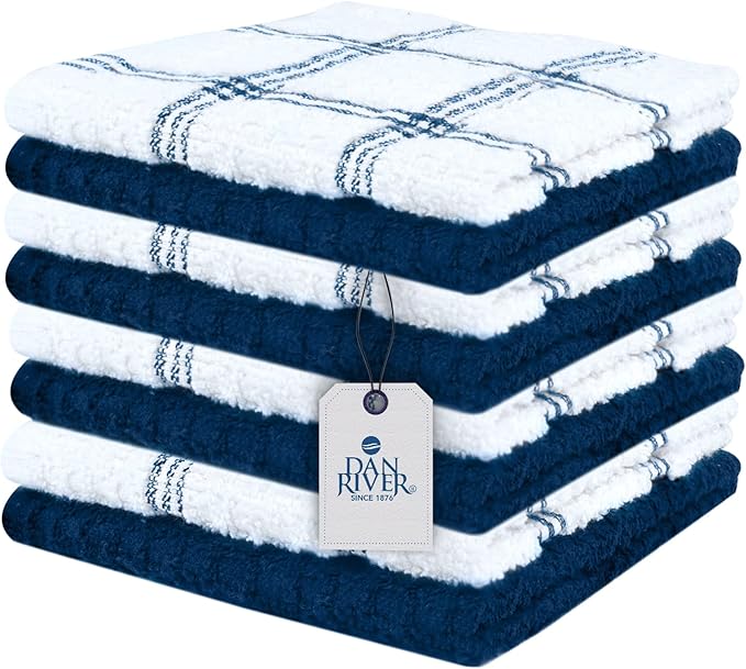 DAN RIVER Premium Dish Cloth 100% Cotton 12 X 12 Inches |Pack of 8|-Ultra Soft Tea Towels-Highly Absorbent Kitchen Rags-Terry Dishcloth for Kitchen and Household Cleaning |Blue Opal|