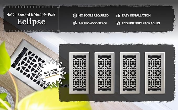 Decor Grates (4-Pack) ECH410-NKL Eclipse Floor Register, 4x10 Inches, Brushed Nickel Finish