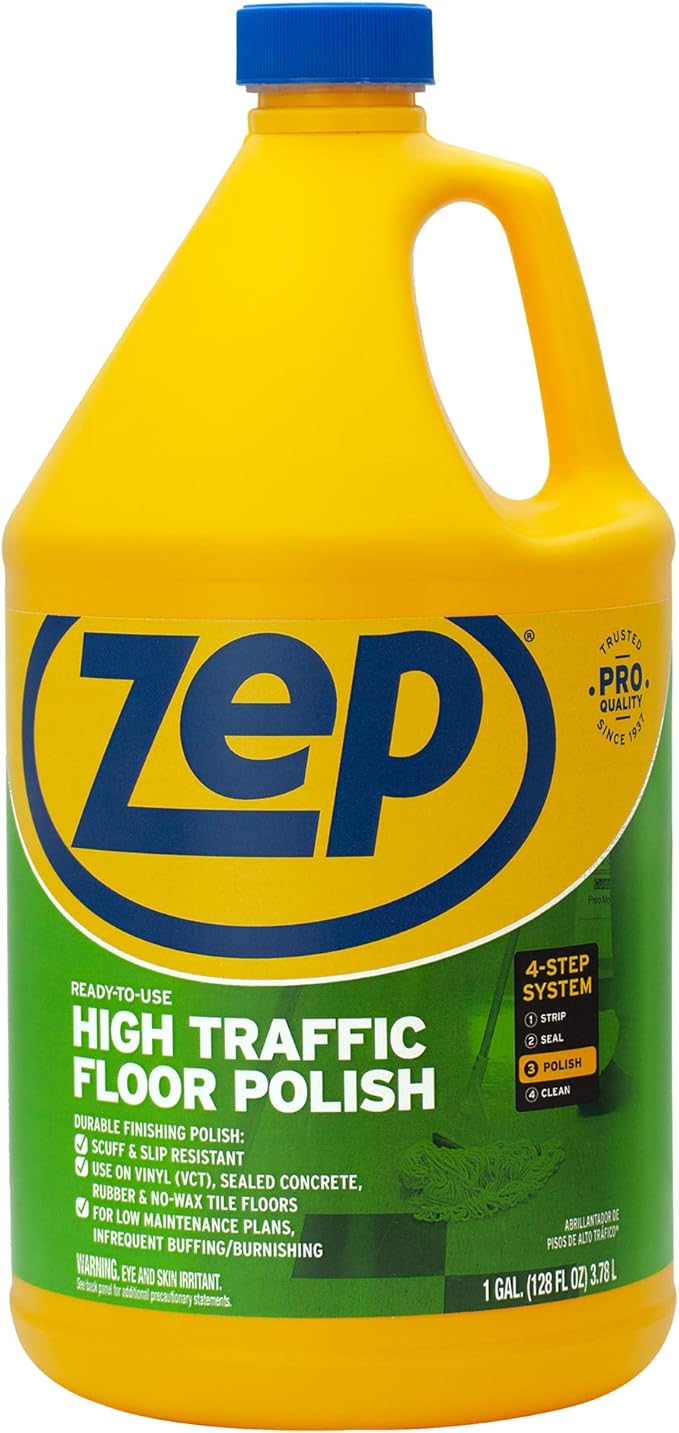 Zep Commercial High-Traffic Floor Polish, 4-1 Gallon Bottles, Professional Grade Floor Finish For a Range Of Hard Floor Surfaces (ZUHTFF128)