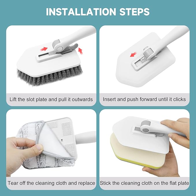 nacena Shower Scrubber with Long Handle, 3 in 1 Tile Tub Scrubber Brush with 3 Detachable Cleaning Heads Adjustable Handle Shower Cleaner Brush for Bathroom, Kitchen, Toilet, Wall, Sink, Grey White