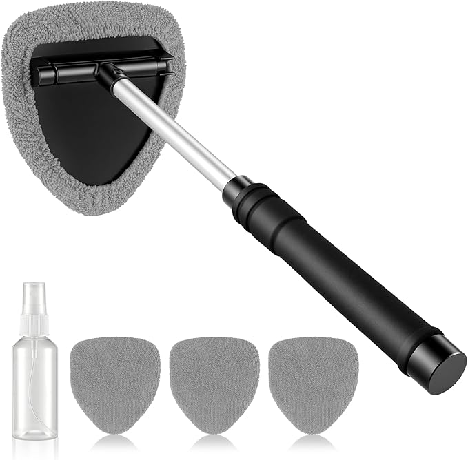 JUSTTOP Windshield Cleaner Tool, Car Interior&Exterior Window Cleaning Tool with Extendable Handle & 4 Reusable Microfiber Pads, Auto Glass Wiper Brush Kit for Cars (Grey)
