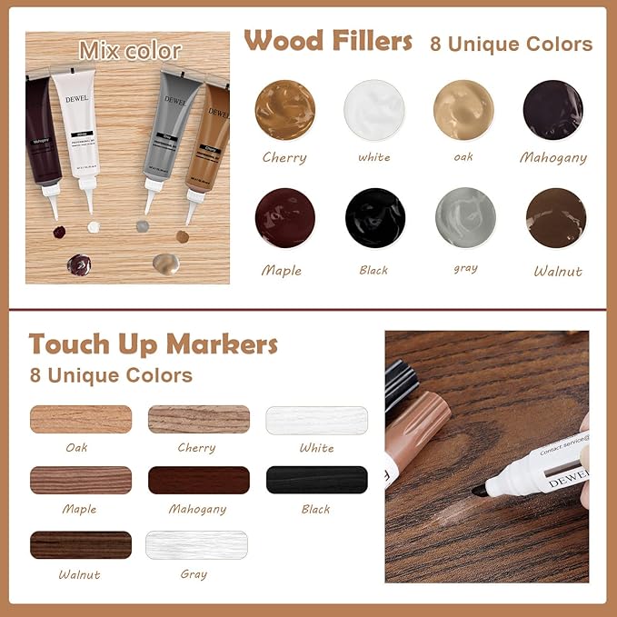 SEISSO Wood Furniture Repair Kit- 8 Colors Wood Fillers and Touch Up Markers, New Upgrade Wood Repair Kit, Wood Markers for Scratches Stains- Restore Wooden Table, Cabinet, Floors, Door, 20 Sets