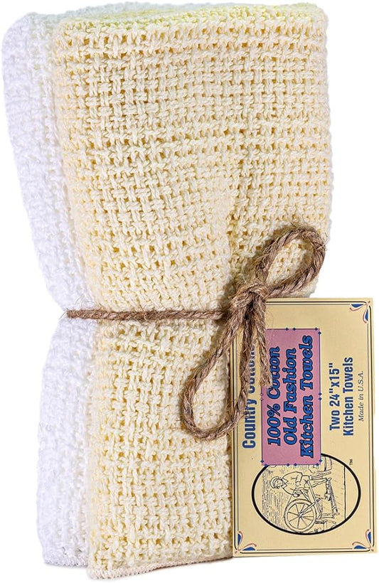 Old Fashion 100% Cotton Kitchen Towels - Set of 2-24"x15" (Yellow/White)