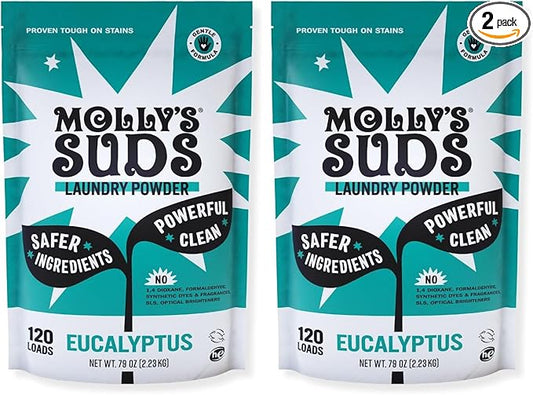 Molly's Suds Original Laundry Detergent Powder | Clean Laundry Detergent Powder for Sensitive Skin | Simple, Effective Ingredients, Stain Fighting | 120 Load (Eucalyptus) (Pack of 2)