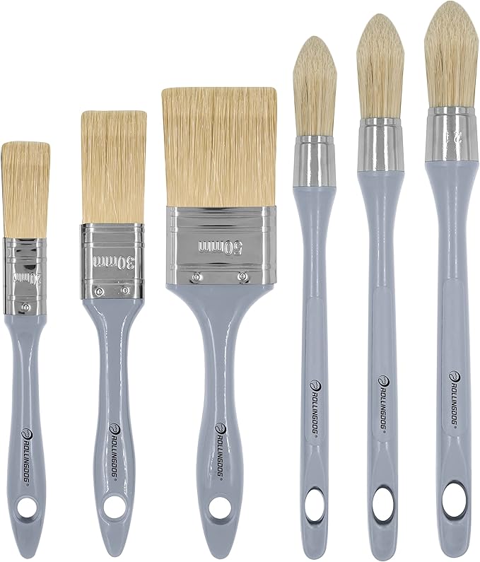 ROLLINGDOG Trim Paint Brush - Pointed Round Edge Paint Brush and Flat Paintbrush for Wall Sash,Stain,Varnish,Baseboards(Pack of 6)