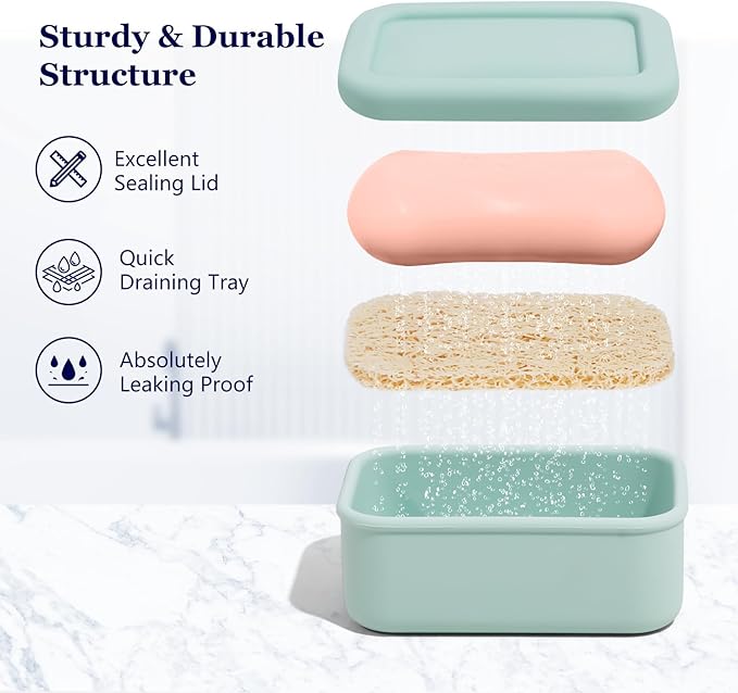 Leak Proof Silicone Travel Soap Case with Draining Tray - Bar Soap Holder for Travel, Gym & Camping - Mess-Free Portable Soap Container for Carry-on Bags (Mint Green)