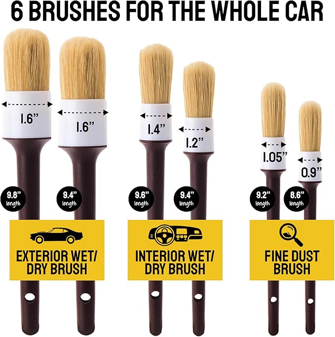 Soft Boar Hair Car Detailing Brush Set - 6-Pack - Scratch-Free Soft Bristle Cleaning Brushes - Reaches Tight Spots & Interior Car Cleaning Kit - Ergonomic & Durable Detailing Supplies