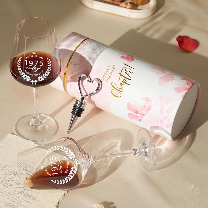 AW BRIDAL 50th Birthday Gifts for Women Her, Personalized 1975 Vintage Wine Glass Gift Set for 50 Year Old Birthday Decorations, Born in 1975 Gifts for Mom Dad Wifey Husband Sisters Friend Coworker