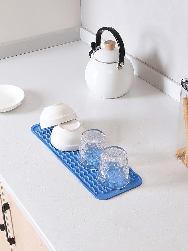 Silicone Dish Drying Mat for Multiple Usage,Easy clean,Eco-friendly,Heat-resistant Silicone Mat for Kitchen Counter,Sink,Bar,Bottle,or Cup Lichen Blue M 17 inches x 6 inches