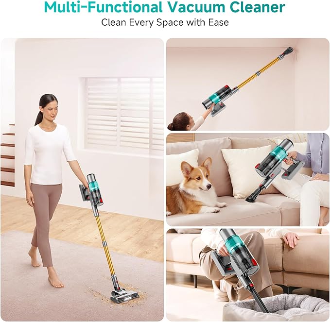 Cordless Vacuum Cleaner: 40KPA Powerful Suction Cordless Stick Vacuum Cleaners for Home, Anti-Tangle Brush, Lightweight, 6-in-1 Rechargeable Vacuum for Pet Hair/Carpet/Hard Floor(Green)