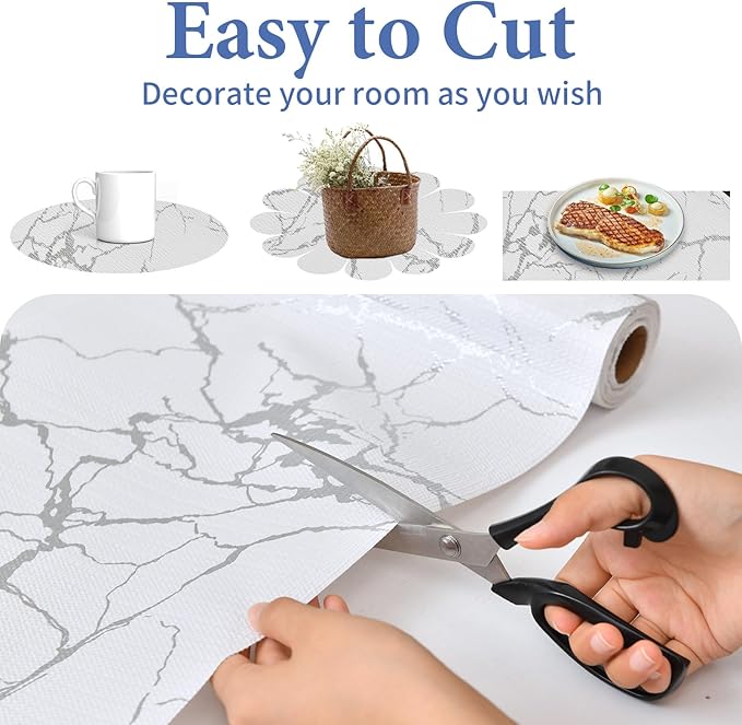 Drawer and Shelf Liner for Kitchen Cabinet: 12 in X 30 Ft Non Slip Waterproof Shelf Paper Non Adhesive Refrigerator Liners Silver Marble Easy Liners for Bathroom with Knife Tape Measure