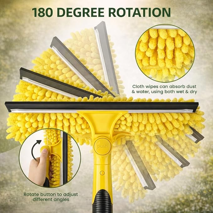 370'' Long Reach Window Squeegee with Telescoping Extension Pole, 2-in-1 Indoor/Outdoor Cleaning Tool with 270° Rotatable Head, Lightweight Alloy Aluminum Pole for Shower Door, Mirror, Car Windshield