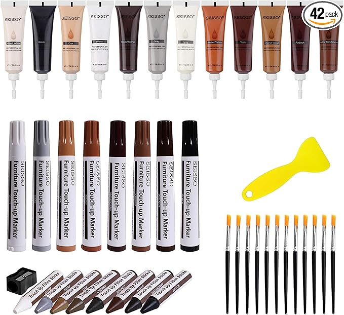 SEISSO Furniture Repair Kit - Set of 42 - Wood Repair Kit Wood Fillers, Furniture Scratch Repair Markers and Wax Sticks with Scraper, Brushes, for Scratches, Stains, Wood Floor, Laminate, Cabinet