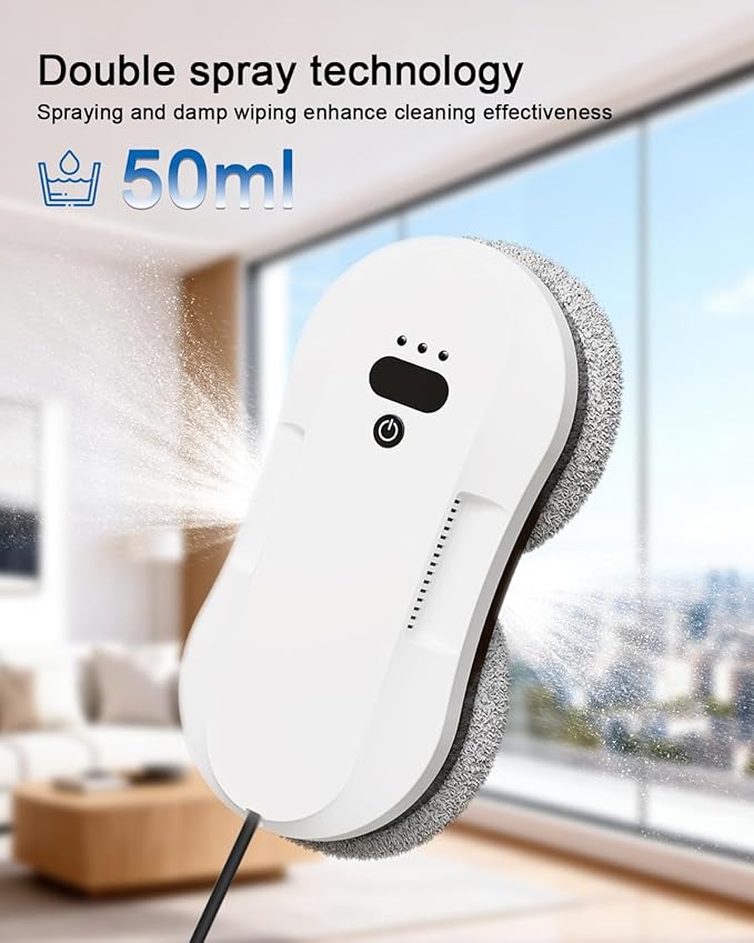 Window Cleaning Robot, Automatic Window Cleaner Robot with Dual Spray-50ml Tank, Edge Detection, Intelligent Path Planning, 3000pa Strong Suction, Anti-Drop Protection