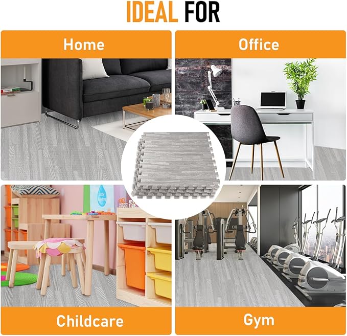 HomeCube USA 3/8 Inch Thick Interlocking Wood Grain Foam Floor Tiles for Home, Office, Workout Equipment Space, Commercial Areas, Anti-Fatigue Flooring Padding 24x24 in, Grey, 96 SQ Ft -24 Tiles