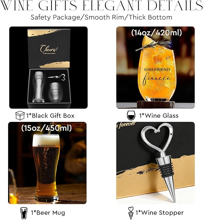 AW BRIDAL Engagement Gifts for Couples and Women, Fiance Wine Glasses and Beer Mug Set for Her, Newly Wed Gift for the Couple 2026, Mr and Mrs Wedding Beer Mug with Wine Stopper for Bride to Be