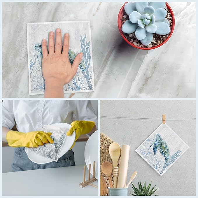 Swedish Dishcloths for Kitchen, Coastal Ocean Turtle Kitchen Dish Towels for Washing Dishes, 4 Pack Reusable Paper Towels Washable, Sponge Cloths for Home Cleaning Baking Cooking Decor