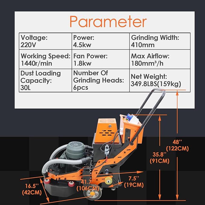 Concrete Floor Grinder Polishing Buffer Machine Cement Ground Grinder for Epoxy Terrazzo Floor with 30L Dust Bucket 6pcs Grinding Heads 220V