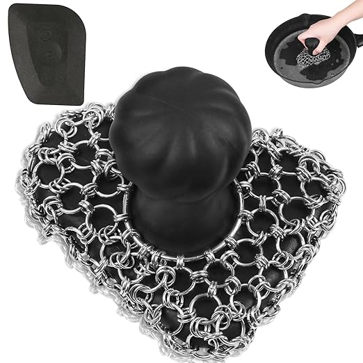 Cast Iron Scrubber with Handle 316 Dish Cast Cleaner Chainmail Scrubber for Pan Skillet Iron Scrub Brush Steel Wool Scrubber Cleaning Kit (1 Scrub + 1 Scraper)