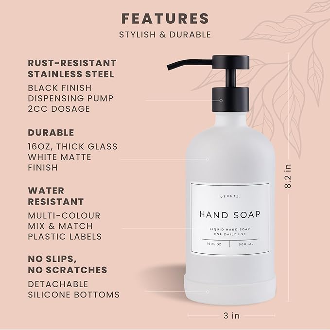 Hand and Dish Soap Dispenser for Kitchen and Bathroom, Set of 2 16 Oz Glass Bottles, Stainless Steel Pumps, Non-Slip Silicone Base, 27 Waterproof Labels (Matte White Bottle/Black Pump)