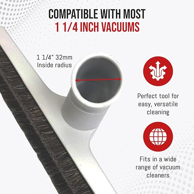 MP Maresh Products Soft Touch Deluxe Vacuum Cleaner Brush Attachment, Horse Hair Bristles for Hardwood & Wall Cleaning, Fits 1 1/4 Inch Vacuums Rigid Nozzle Dust Collector Pet Hair - Gray, 12 inch