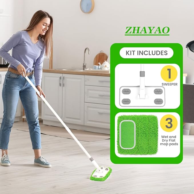 Reusable Microfiber Floor Mop System, Wet & Dry Sweeper Kit, Includes 1 Sweeper Handle, 3 Washable Chenille Mop Pads, Dry & Wet Use for Hardwood, Tile, and Laminate Floor