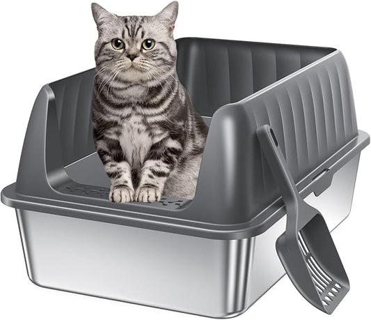 Stainless Steel Litter Box,Enclosed Cat Litter Box with High Sided Lid,Low Front Entry for Kittens,Small,Medium&Senior Cats,Leak-Resistant&Spill-Reducing,Easy to Clean,Scoop Included
